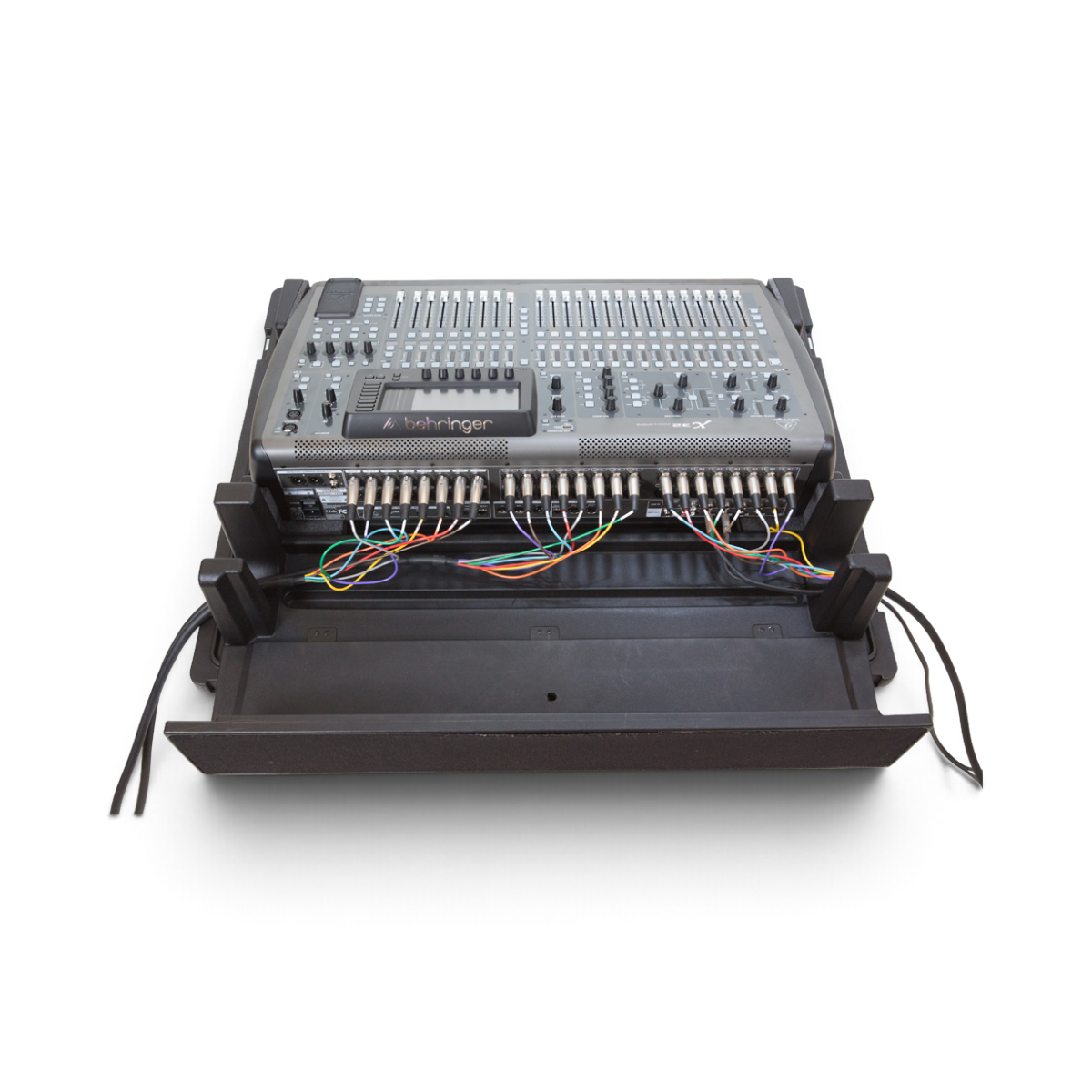 SKB Cases rSeries mixer case with Behringer X32 console, featuring a hinged doghouse and custom foam interior.
