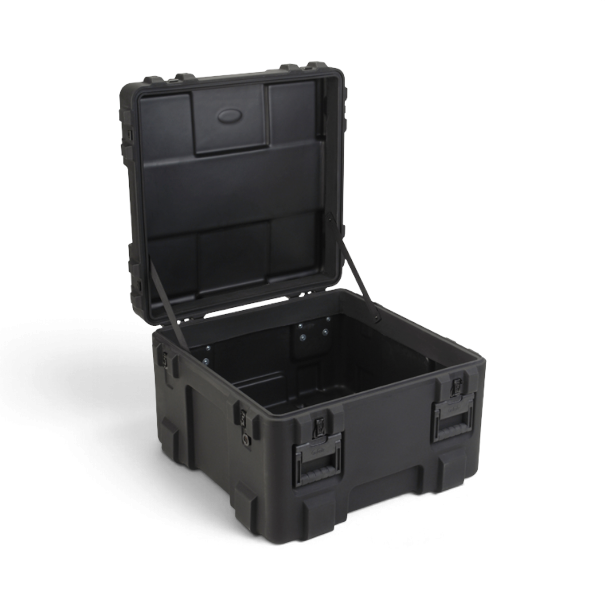 SKB Cases rSeries 2727-18 black roto-molded military-standard equipment case with open lid and stainless steel latches