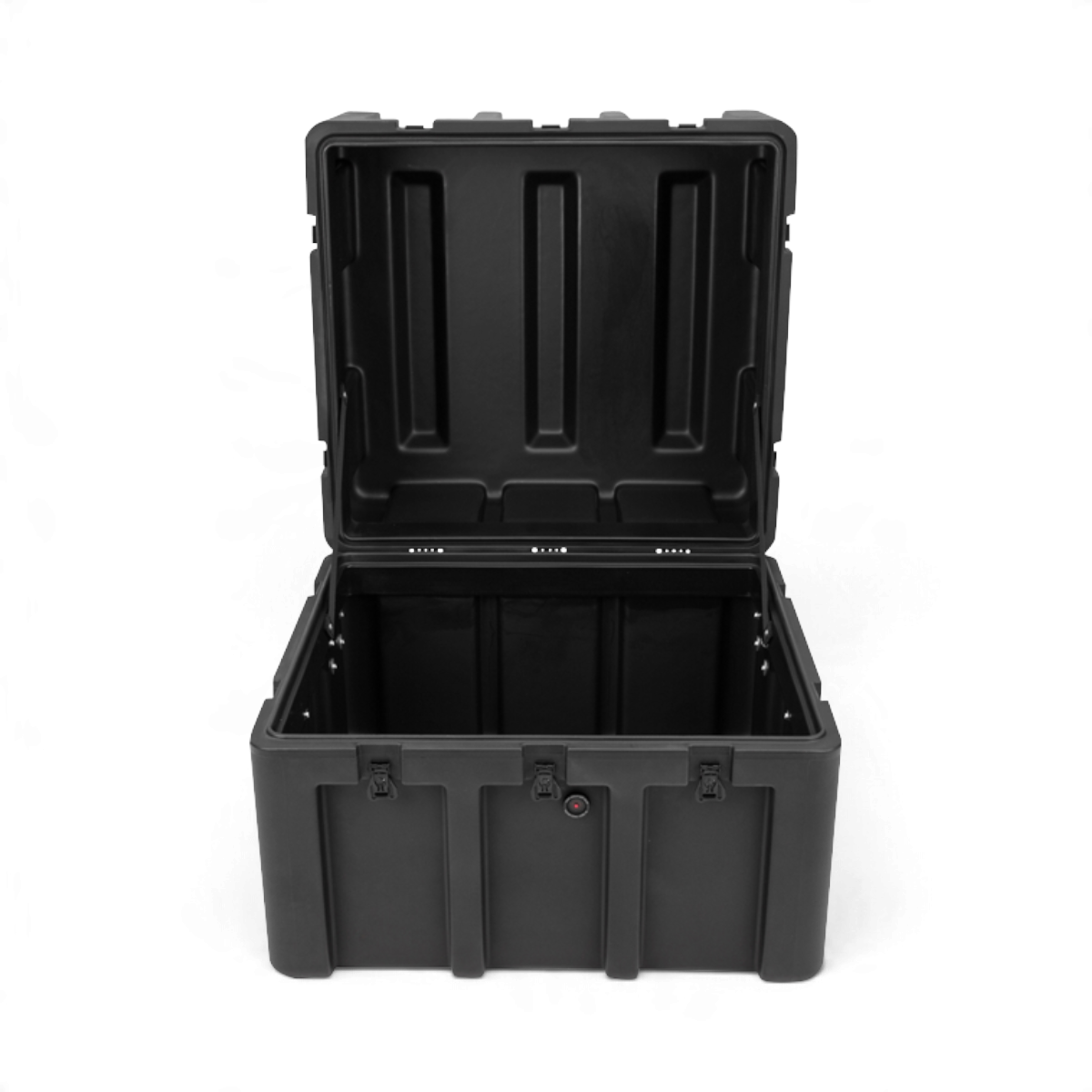 SKB Cases rSeries 2624-24 black roto-molded mil-spec shipping case with open lid and stainless steel latches