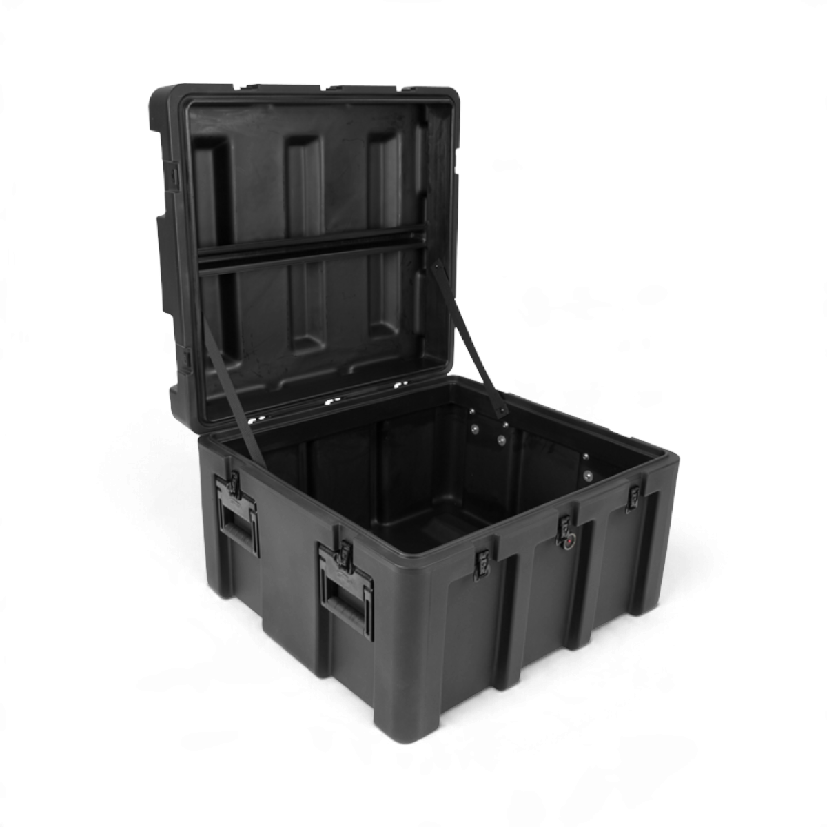 SKB Cases rSeries 2624-15 black roto-molded mil-spec shipping case with open lid and stainless steel latches