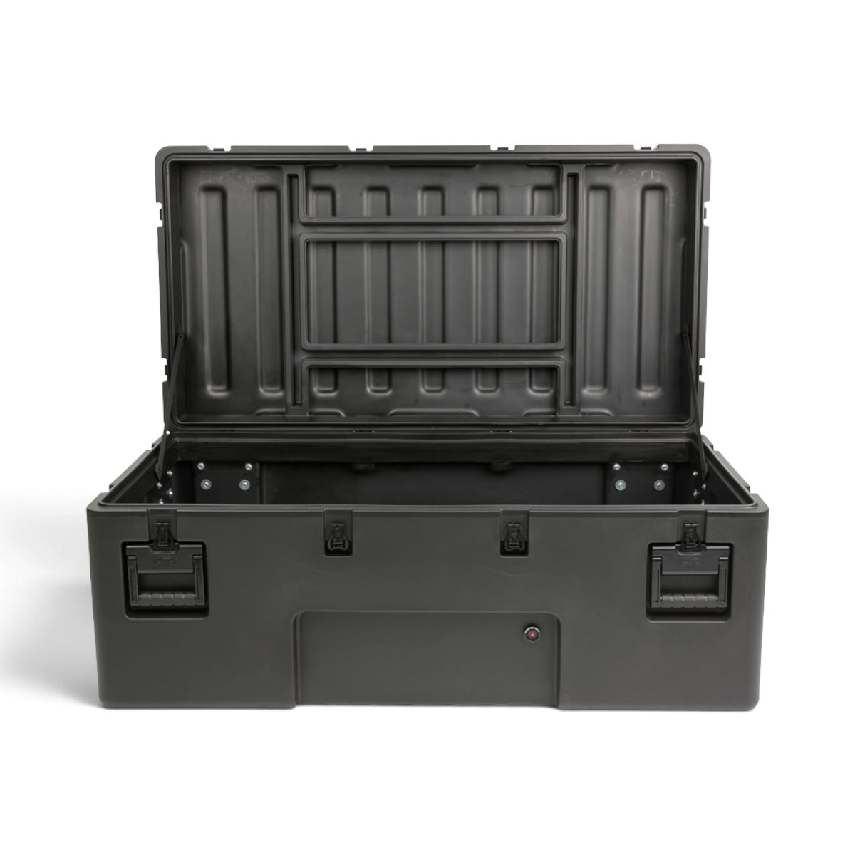 SKB Cases rSeries 4824-18 black roto-molded military-standard shipping case with open lid and stainless steel latches