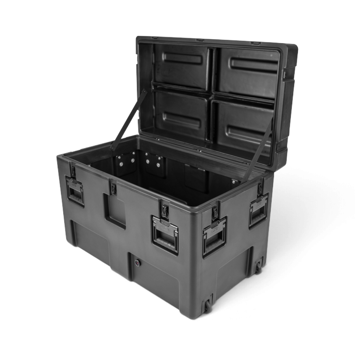 SKB Cases rSeries 3620-24 black roto-molded military-grade shipping case with open lid and stainless steel latches