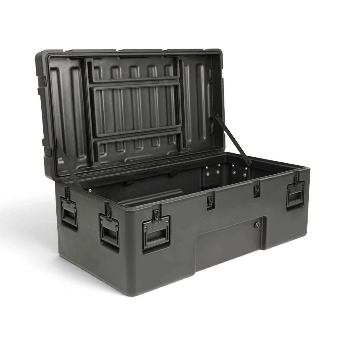 SKB Cases rSeries 4824-18 black roto-molded military-grade shipping case with open lid and stainless steel latches.