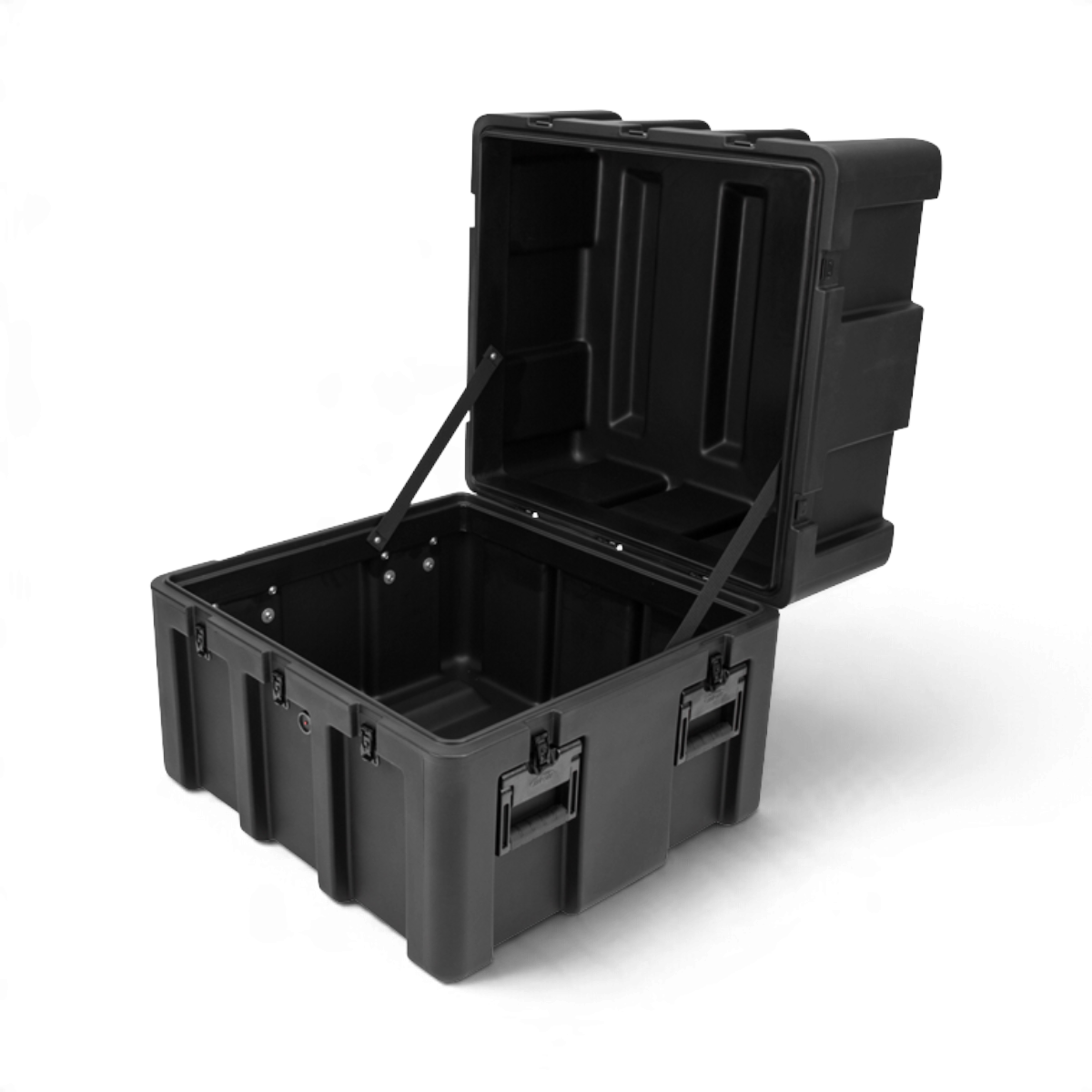 SKB Cases rSeries 2624-24 black roto-molded mil-spec shipping case with open lid and heavy-duty stainless steel latches