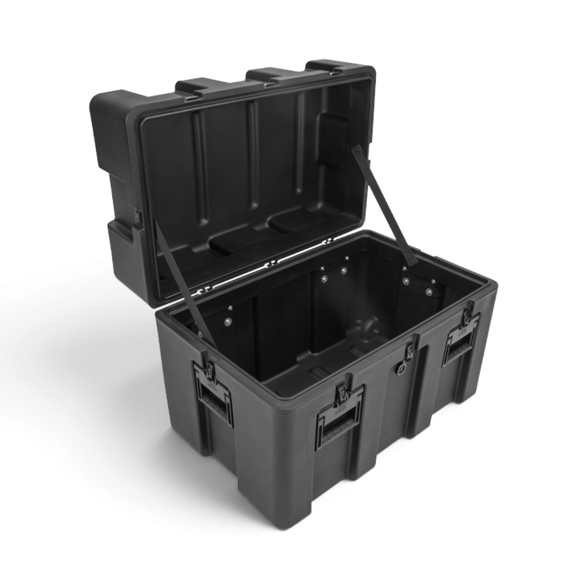 SKB Cases rSeries 3018-24 black roto-molded mil-spec shipping case with open lid and heavy-duty stainless steel latches