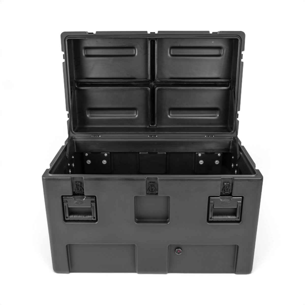 SKB Cases rSeries 3620-24 black roto-molded military-grade shipping case with open lid and stainless steel latches.