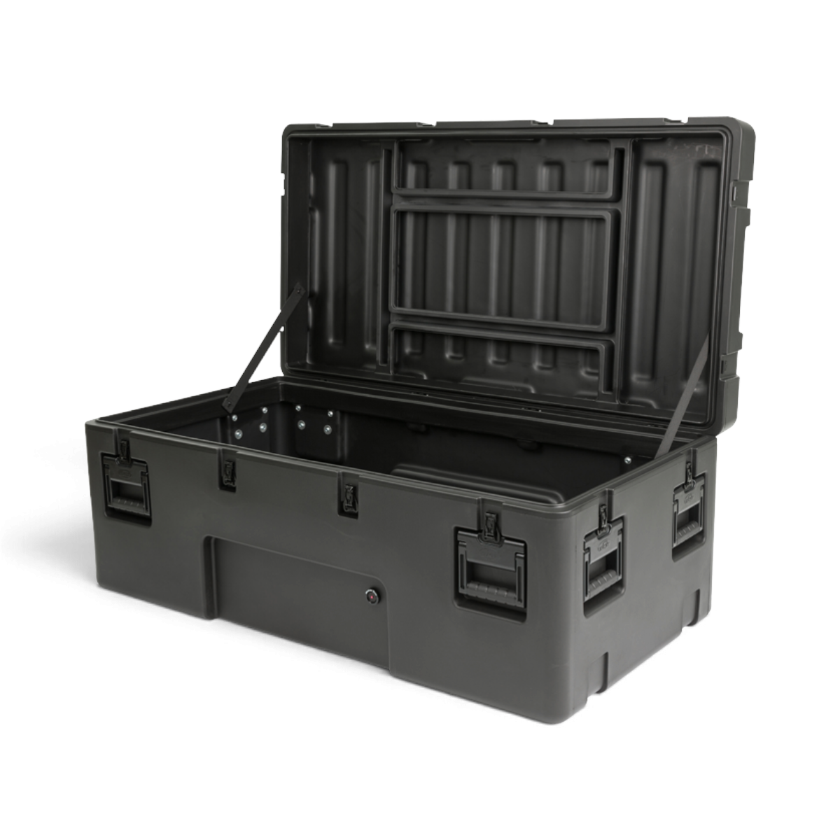 SKB Cases rSeries 4824-18 black roto-molded military-standard equipment case with open lid and stainless steel latches