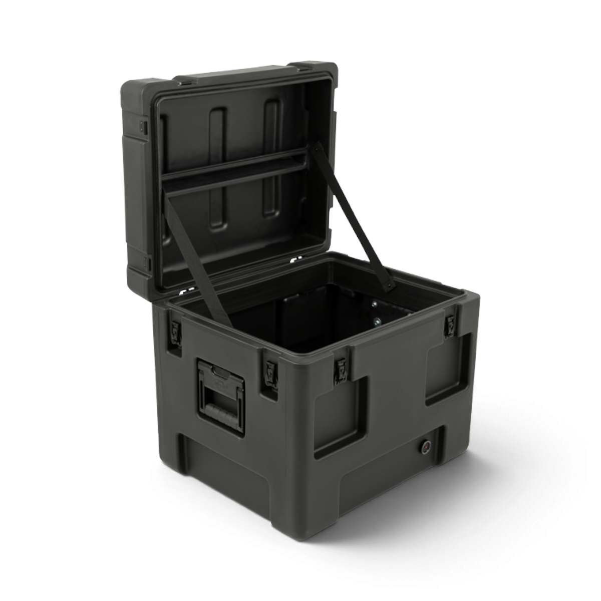 SKB Cases rSeries 2016-17 black roto-molded LLDPE transport case with open lid and heavy-duty latches
