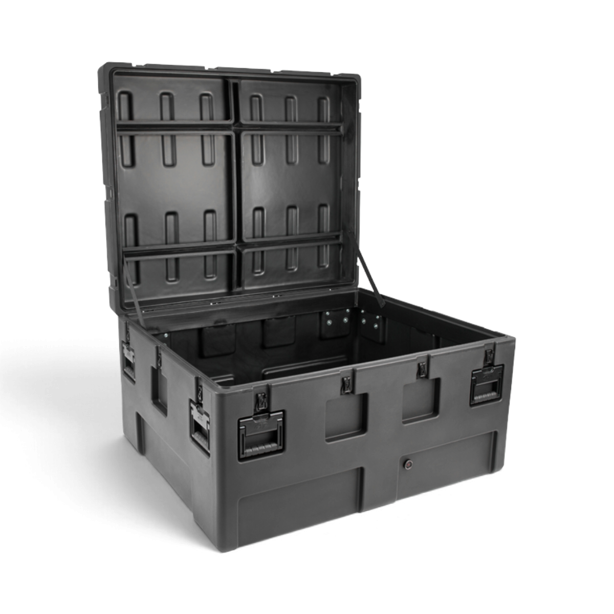 SKB Cases rSeries 4436-24 black roto-molded LLDPE transport case with open lid and heavy-duty stainless steel latches