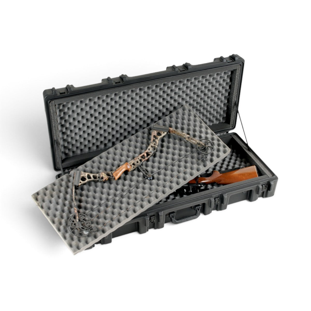 SKB Cases rSeries 4417-8 black waterproof hard case with foam insert holding a compound bow and rifle