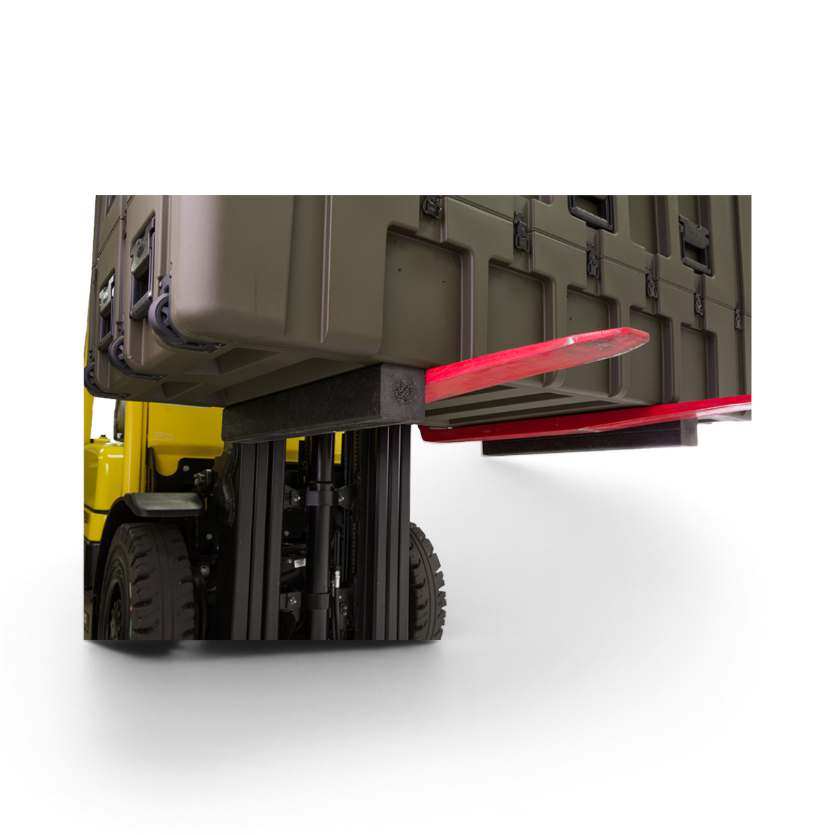 SKB Cases rSeries forklift runners attached to a heavy-duty olive green equipment case for forklift access