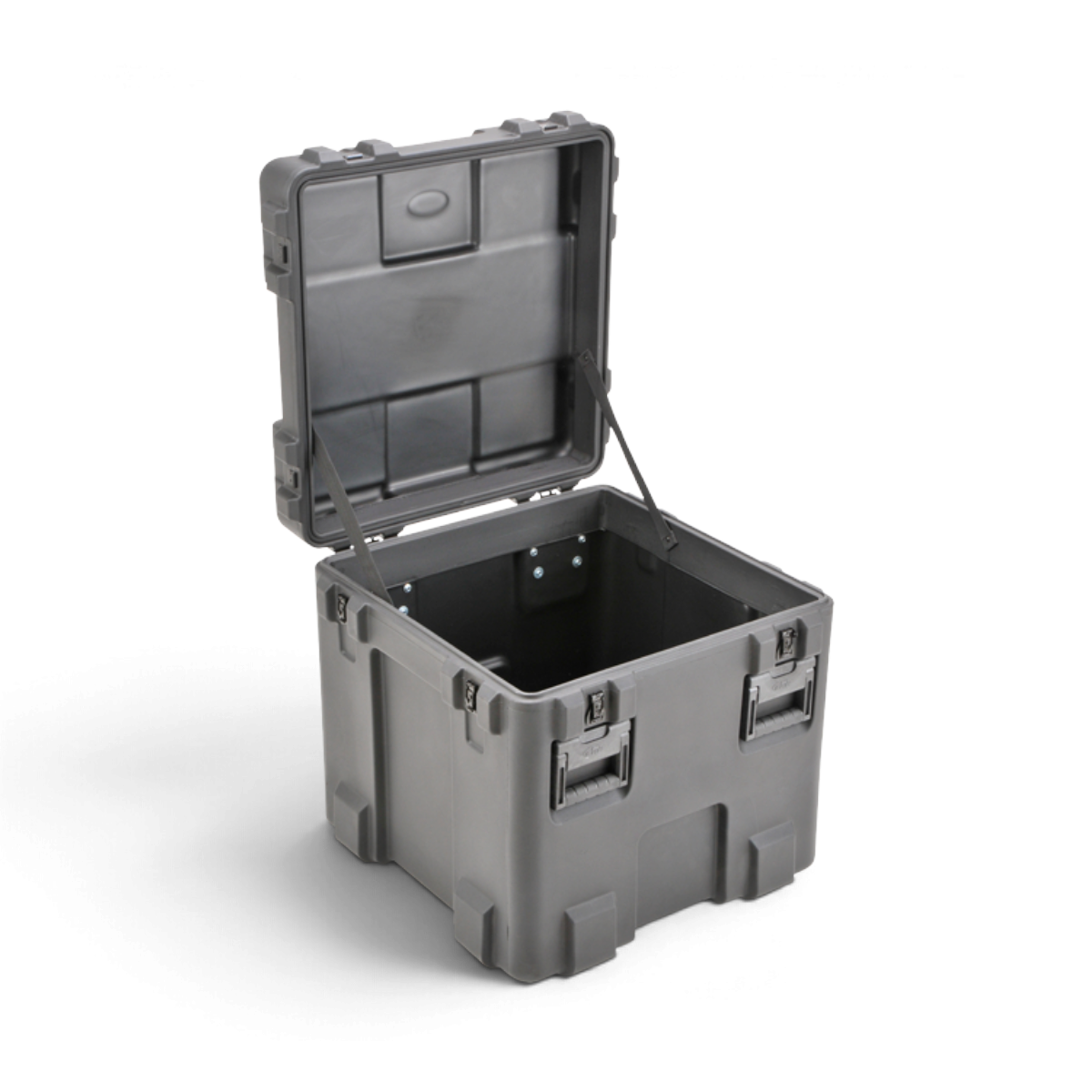 SKB Cases rSeries 2424-24 grey roto-molded military-standard equipment case with open lid and stainless steel latches