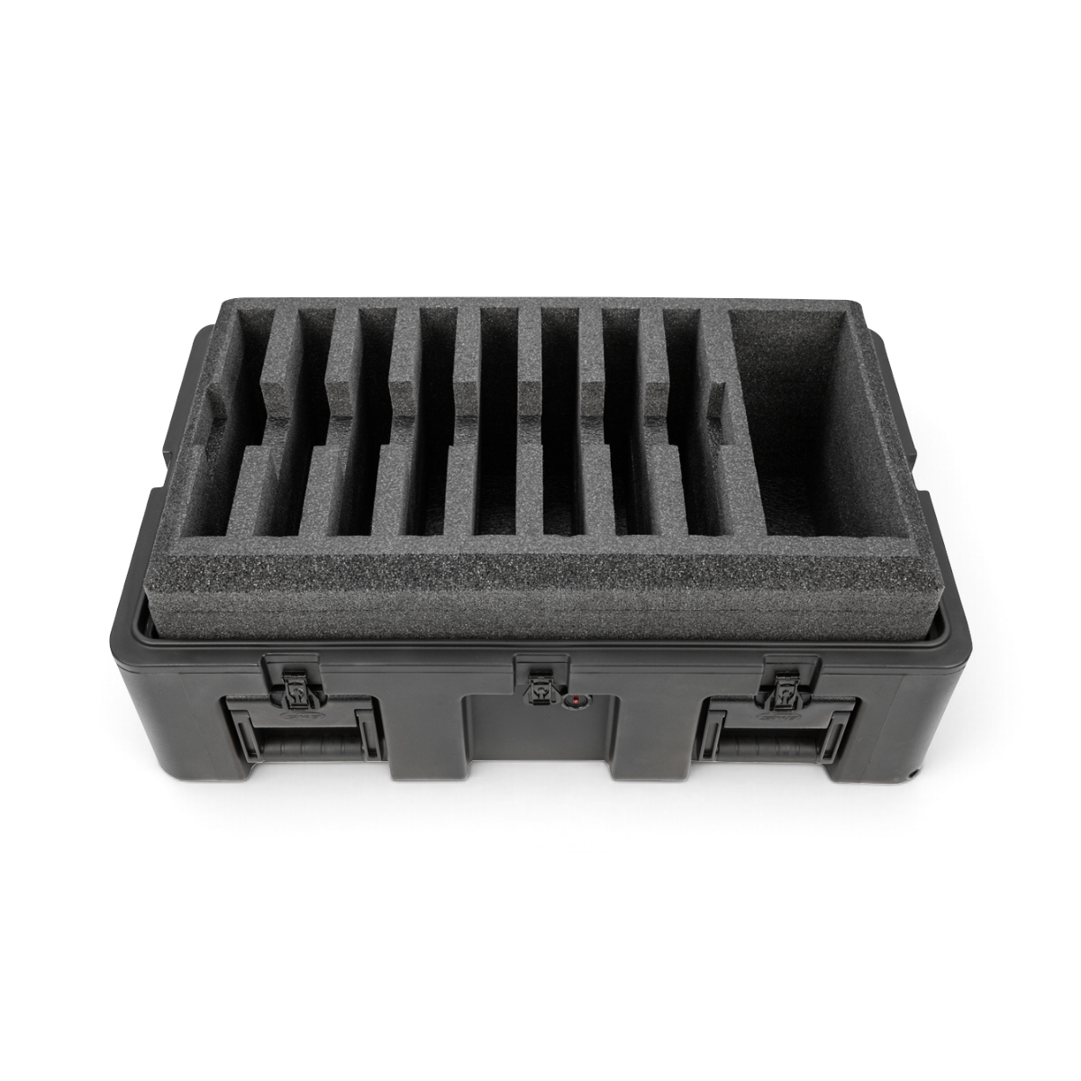 SKB Cases rSeries 3018-12 rugged black transport case with custom foam inserts for eight laptops and accessories.