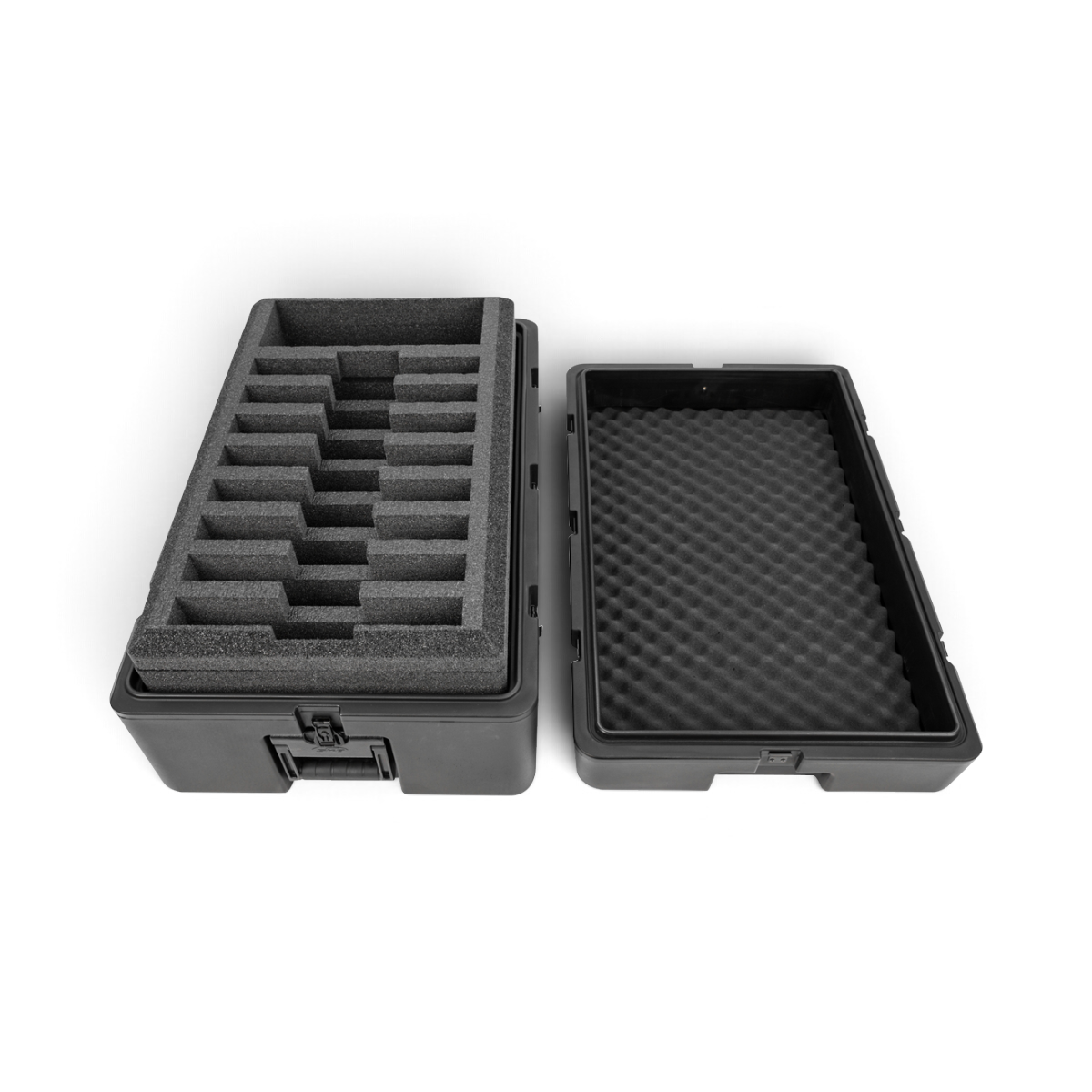 SKB Cases rSeries 3018-12 rugged laptop transport case with foam inserts for eight devices and a removable lid.