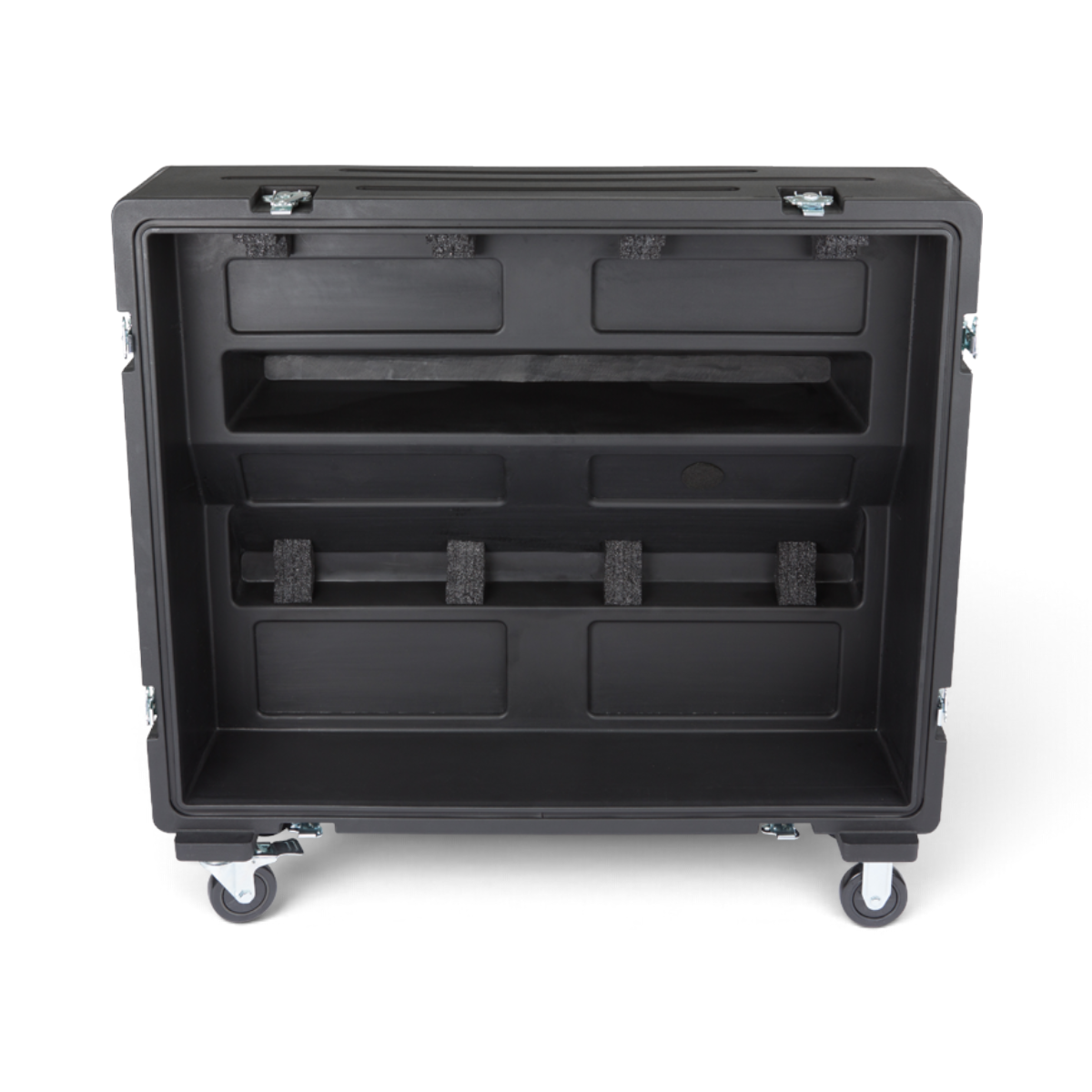 SKB Cases rSeries black roto-molded mixer case with custom foam interior and heavy-duty wheels for Midas M32 console