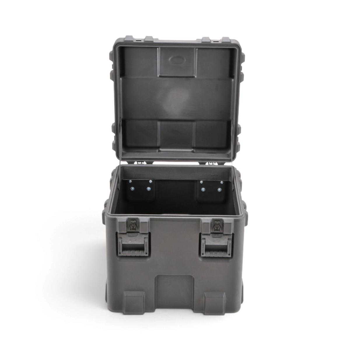 SKB Cases rSeries 2424-24 military-grade roto-molded LLDPE case in grey with stainless steel latches, open view.