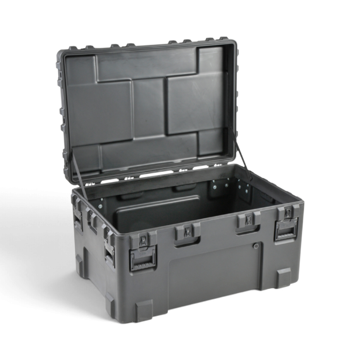 SKB Cases rSeries 4530-24 black roto-molded military-grade equipment case with open lid and stainless steel latches