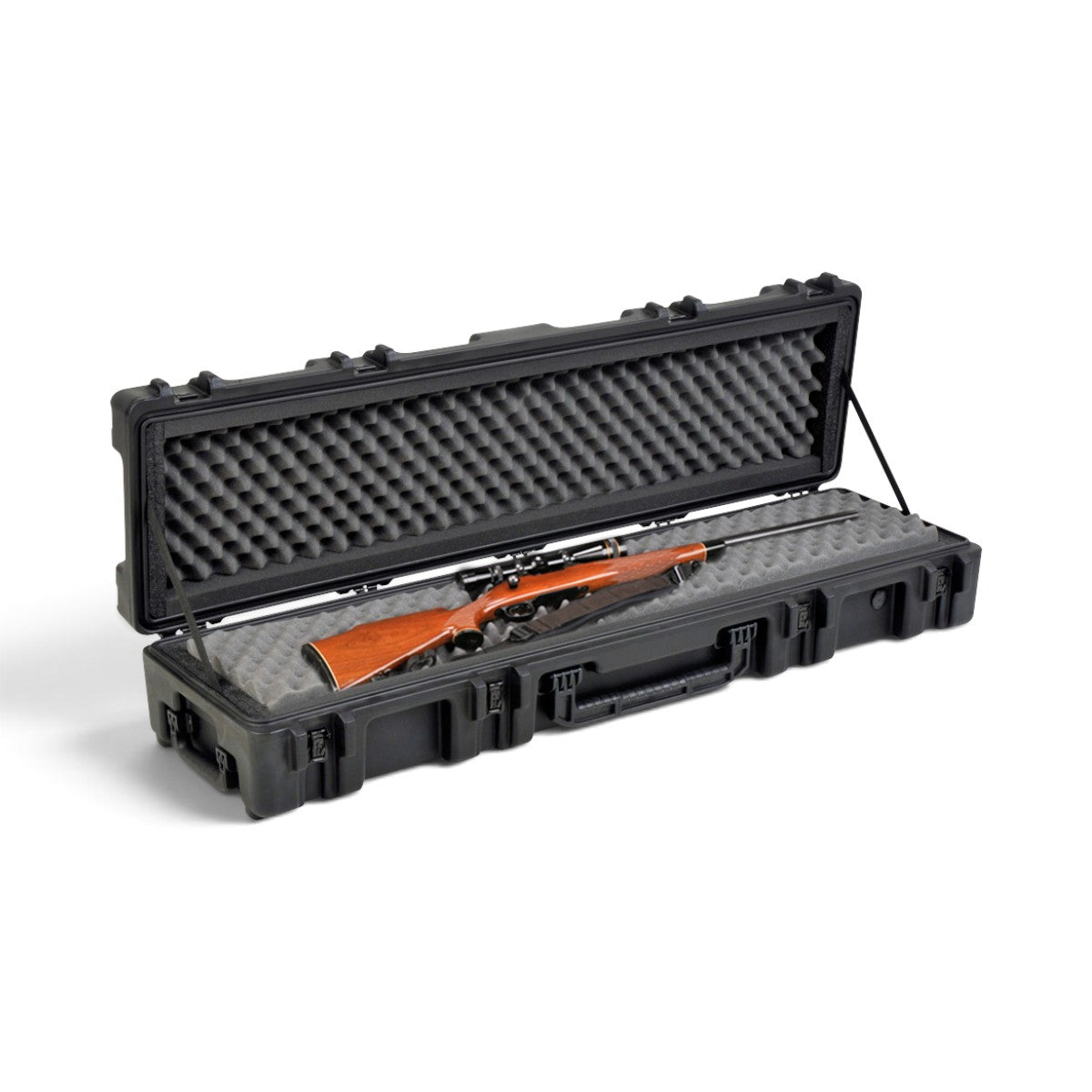 SKB Cases rSeries 5212-7 black roto-molded military-grade rifle case with internal foam padding and a scoped rifle.