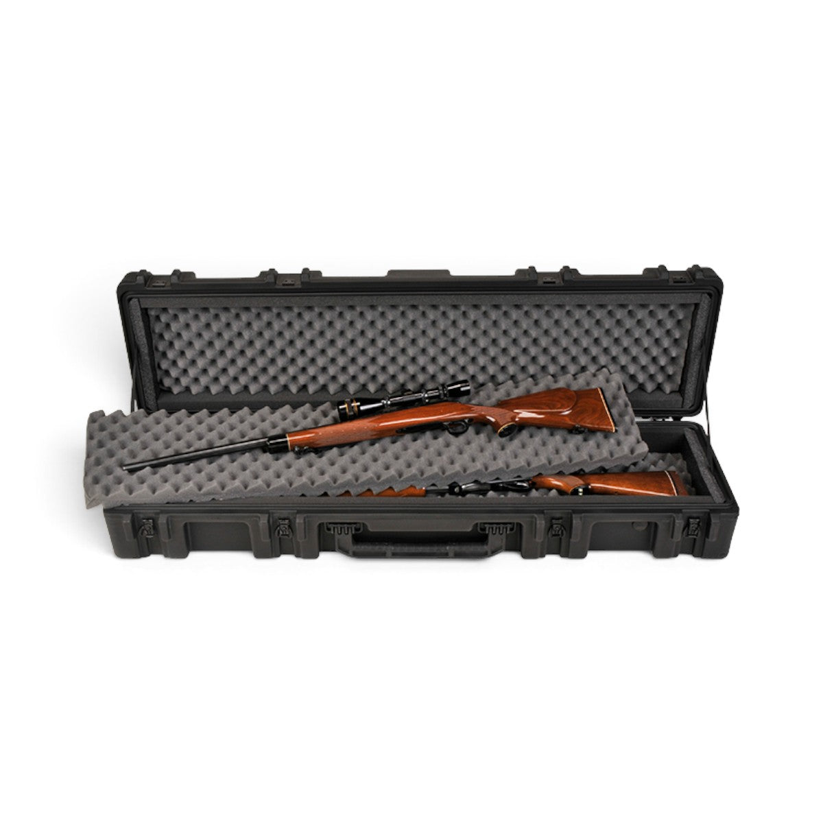 SKB Cases rSeries 5212-7 black military-grade hard case with interior foam holding two rifles with wooden stocks