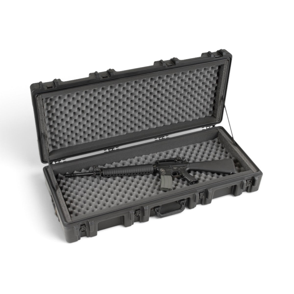 SKB Cases rSeries 4417-8 black waterproof rifle case with egg crate foam interior and a rifle inside
