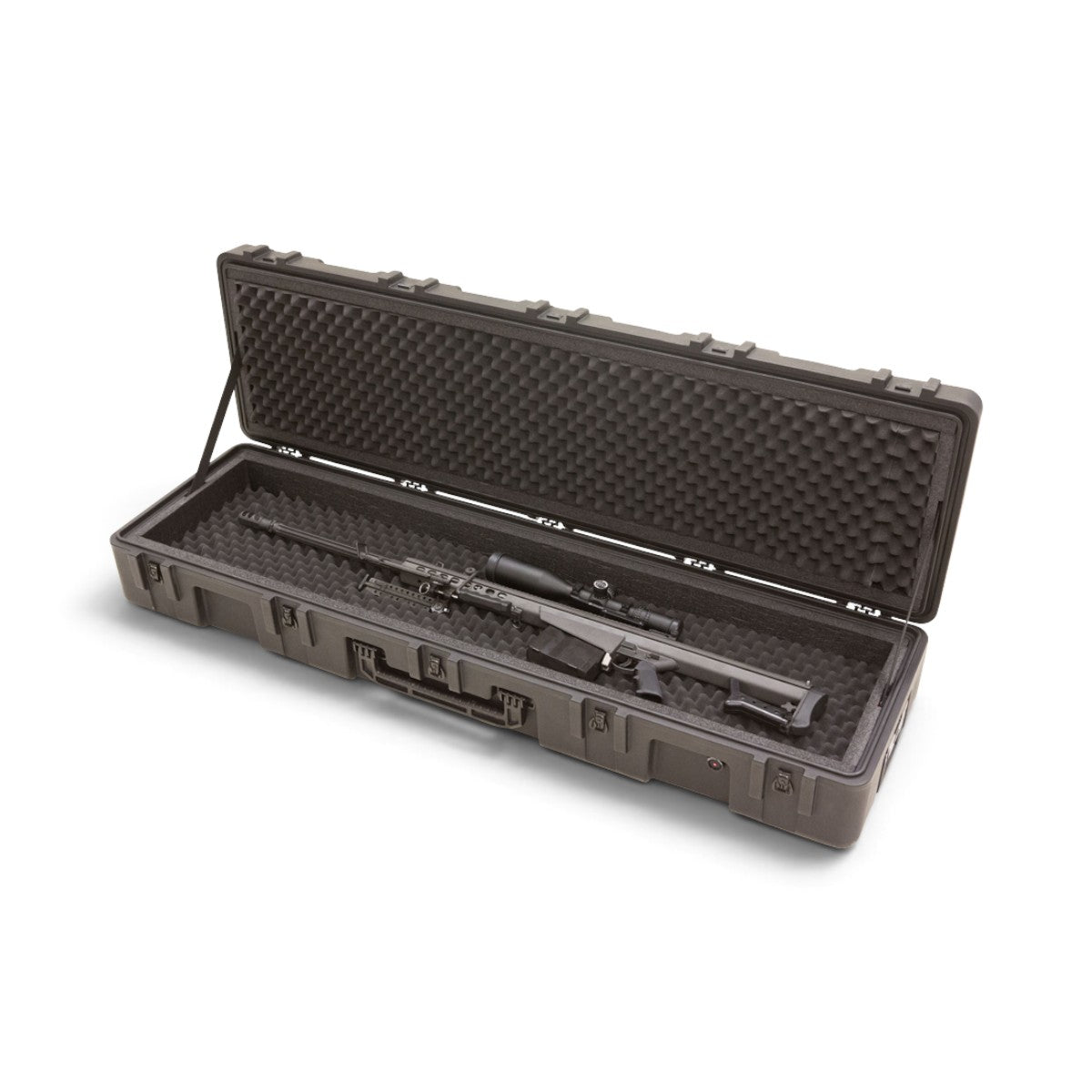 SKB Cases rSeries 6416-8 long rifle case in black with foam interior holding a 50 caliber sniper rifle