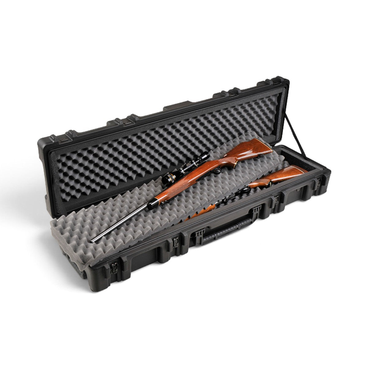 SKB Cases rSeries 5212-7 black military-grade hard case with interior foam holding two rifles on a white background.
