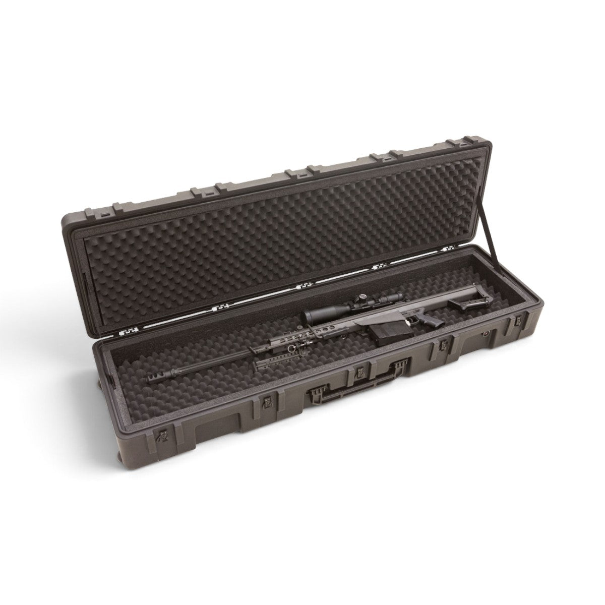 SKB Cases rSeries 6416-8 long rifle case in black with foam interior holding a 50 caliber sniper rifle