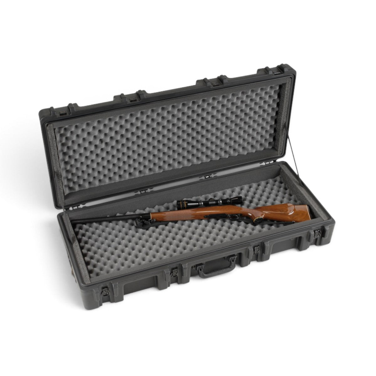 SKB Cases rSeries 4417-8 black waterproof rifle case with foam interior holding a scoped hunting rifle