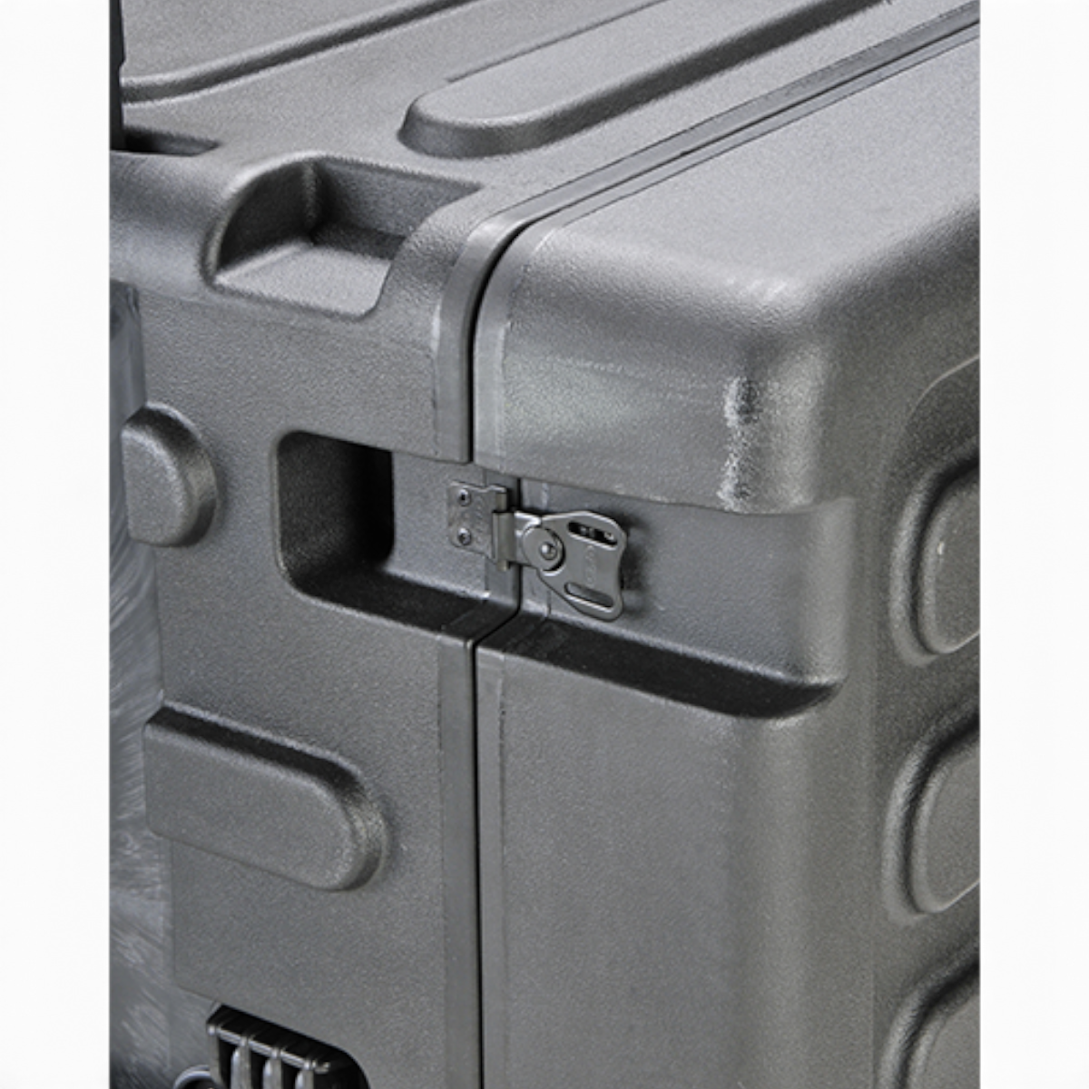 SKB Cases 12U rSeries rolling shock rack featuring a durable black molded shell with secure locking twist latches.