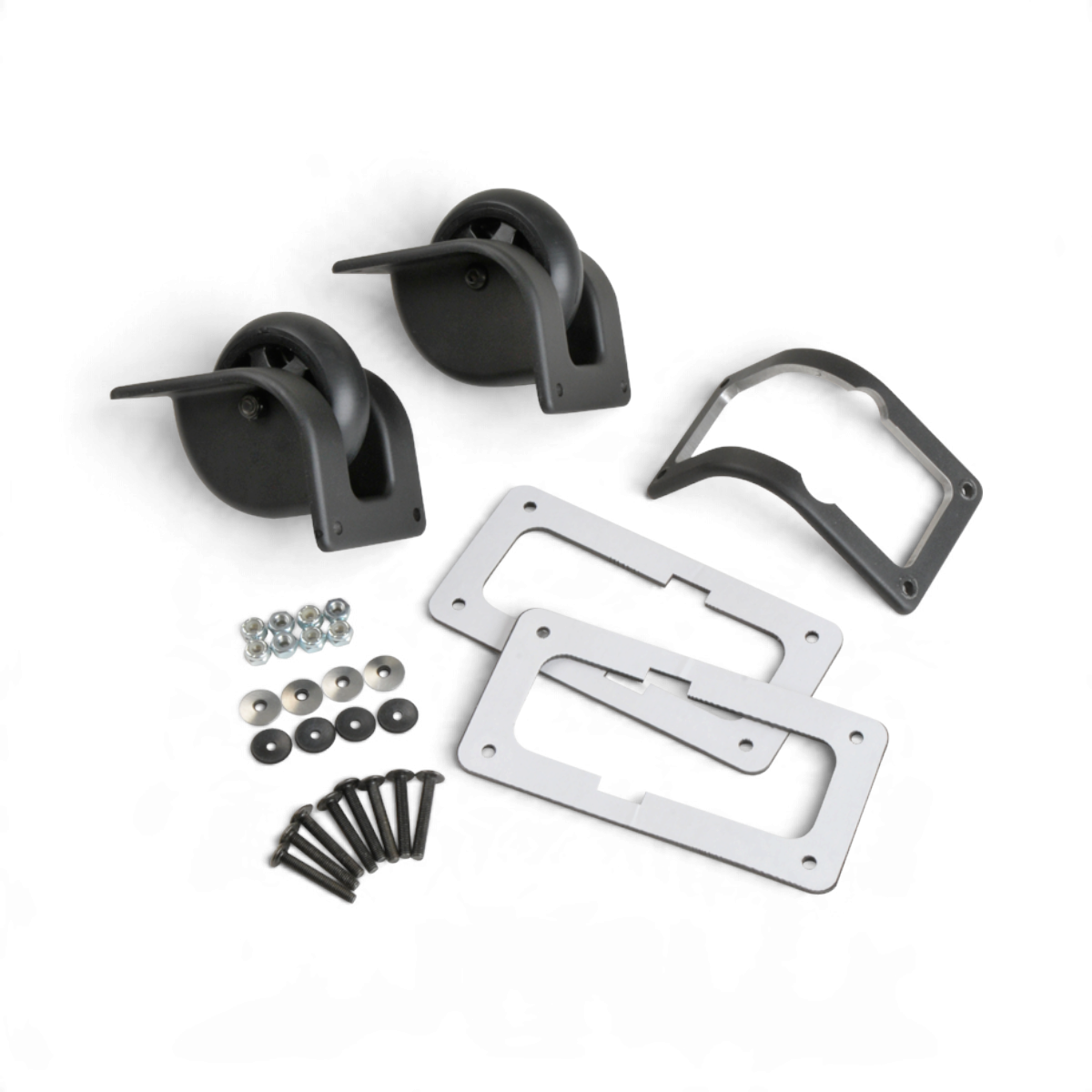 SKB Cases rSeries wheel kit with two black wheels, gaskets, screws, nuts, and washers for case conversion