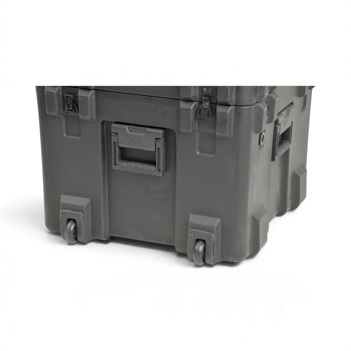 SKB Cases rSeries wheel kit installed on a heavy-duty grey protective case with two durable wheels and hardware.
