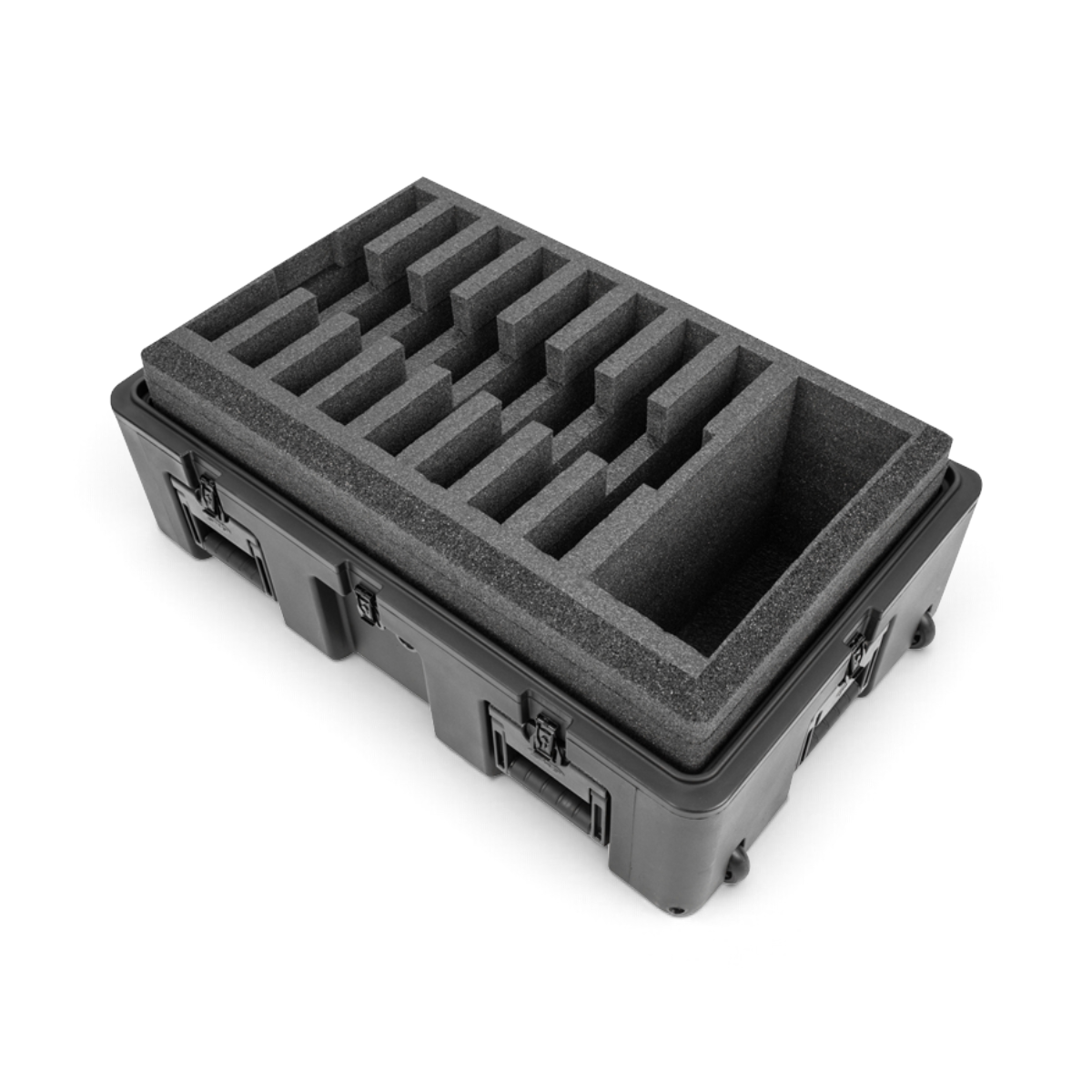 SKB Cases rSeries 3018-12 rugged black laptop transport case with precision cut foam interior for eight devices.