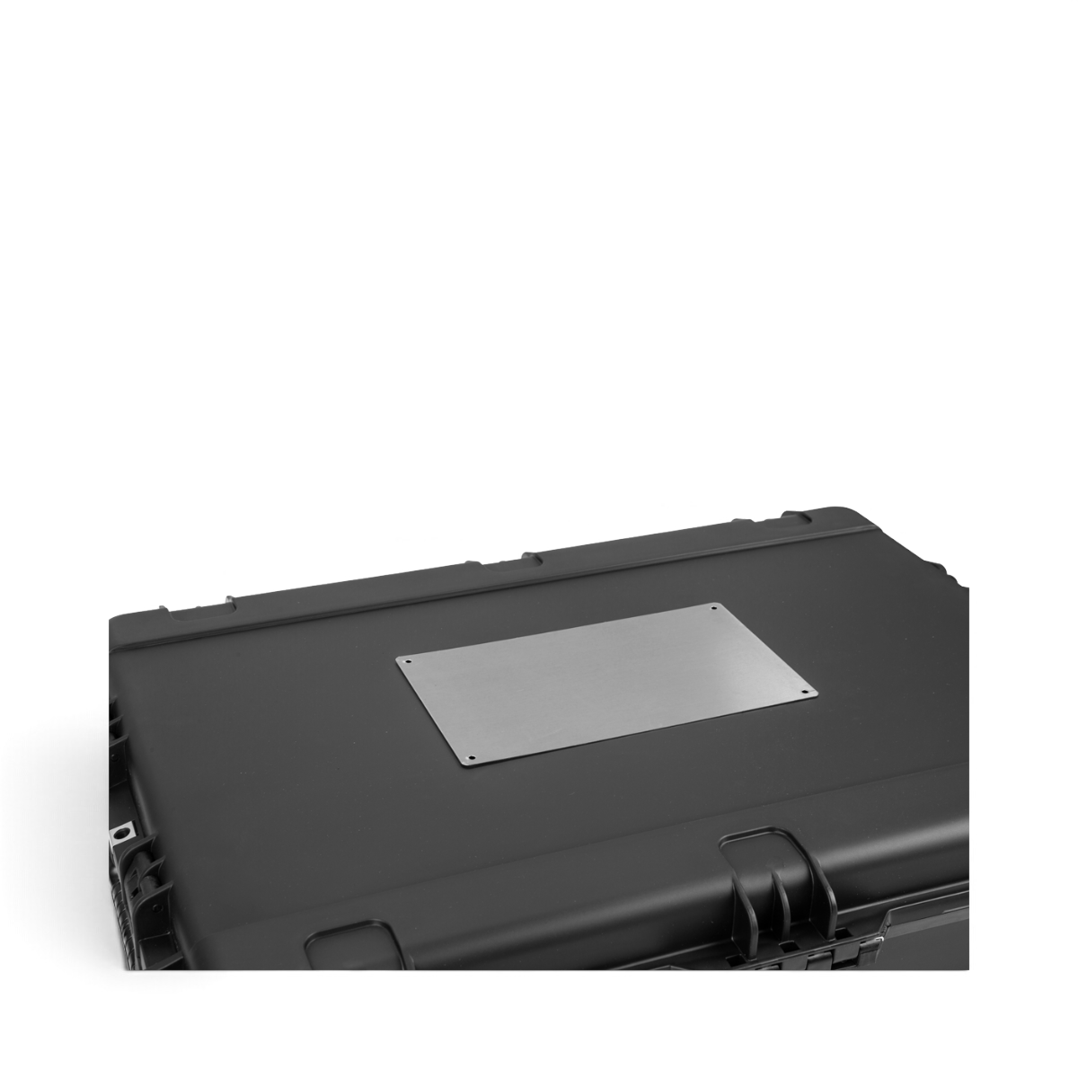 SKB Cases 12 by 7 inch metal shipping label plate with adhesive backing mounted on a black protective case