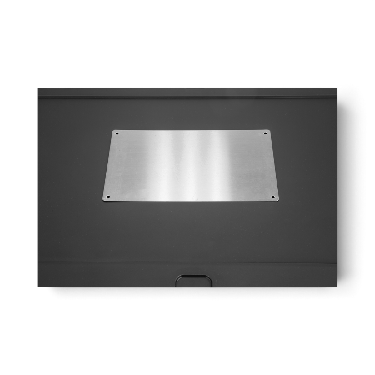 SKB Cases 12x7 inch silver metal shipping label plate with adhesive backing mounted on a black surface