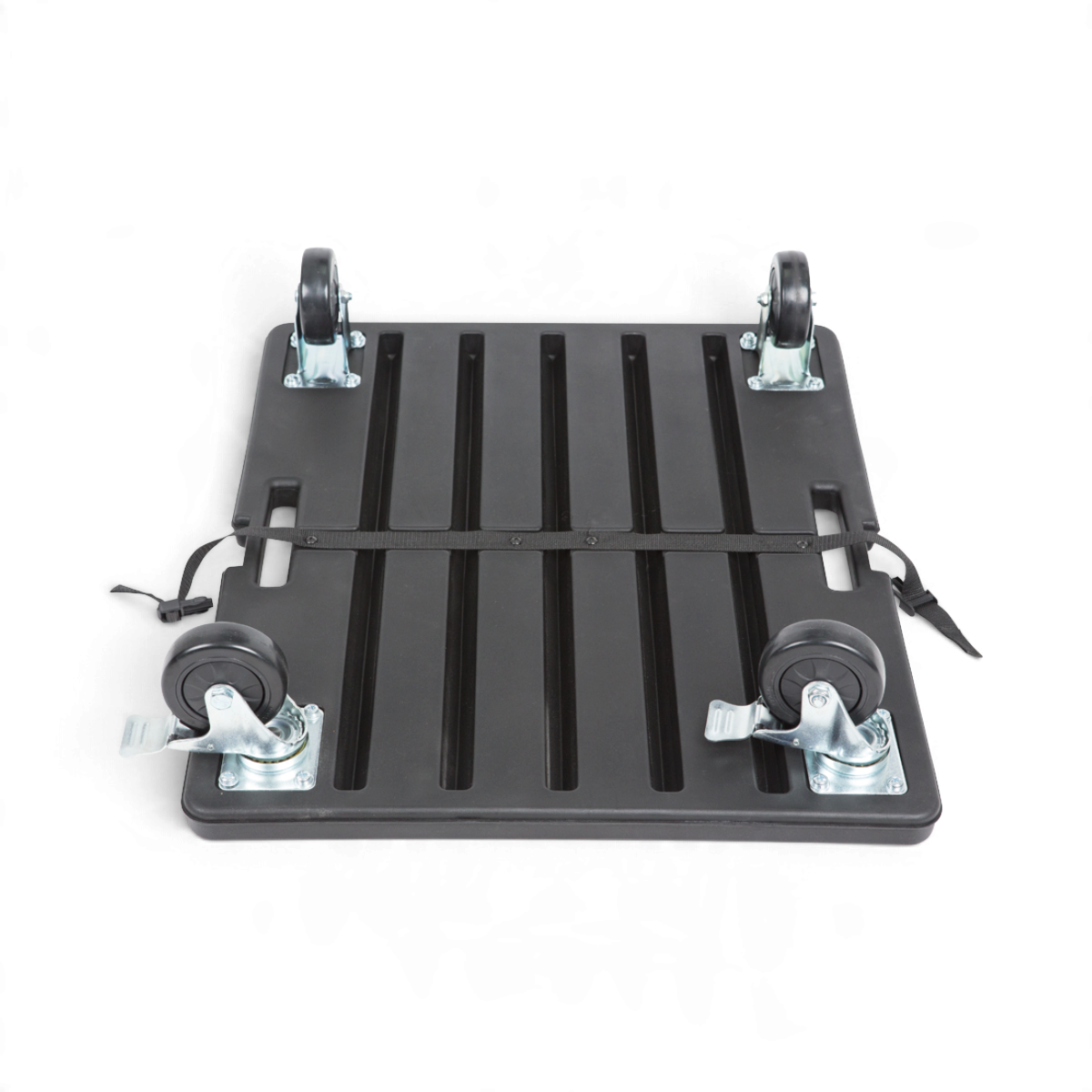 SKB Cases black roto-molded caster platform with four locking wheels and a cinch strap for shock rack cases.