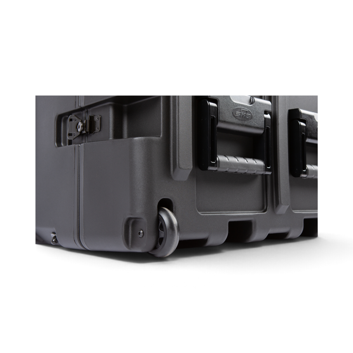 SKB Cases 4U 30-inch deep shock rack in black, featuring recessed handles, durable shell, and integrated edge casters.
