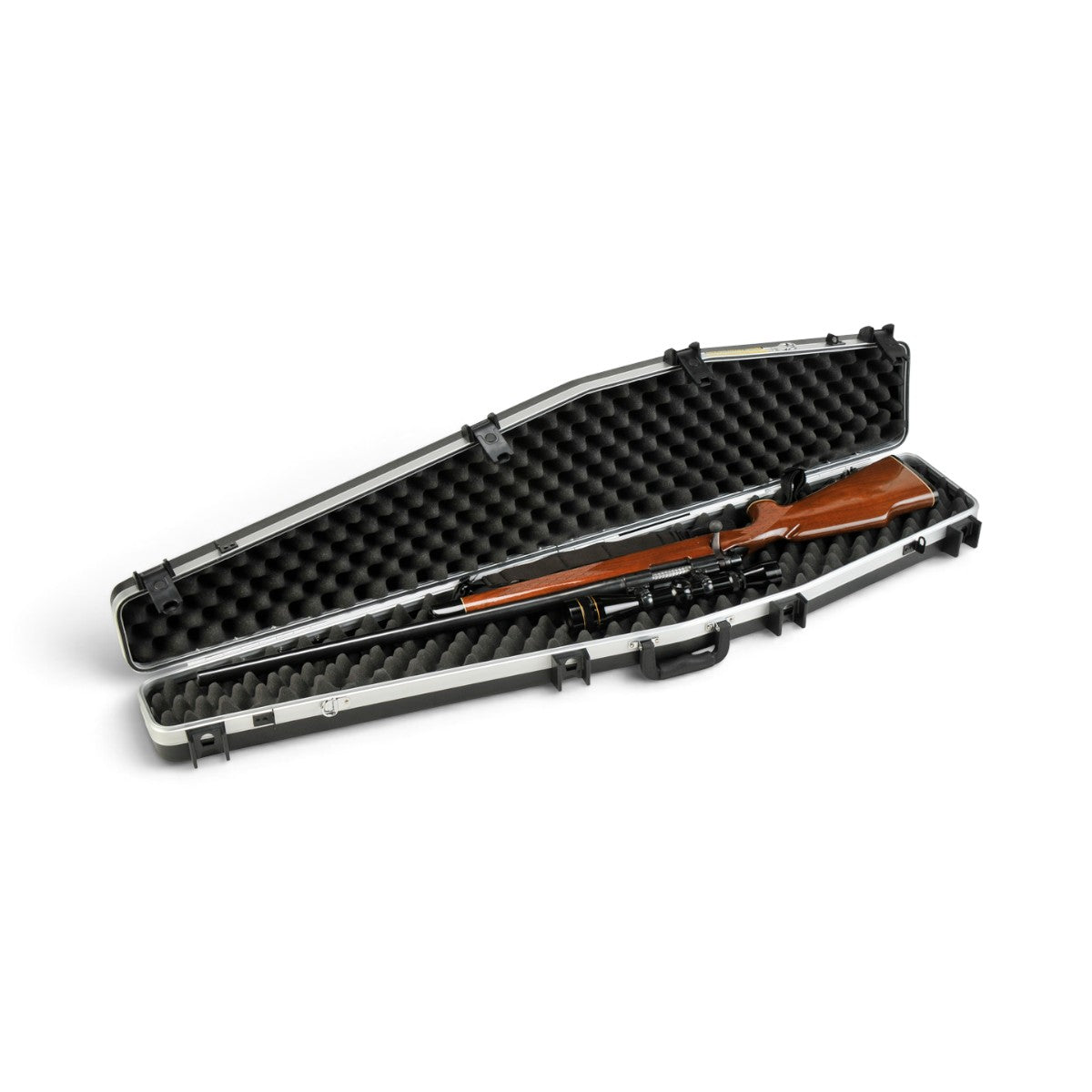 SKB Cases 4900 single rifle case with weather-resistant HDPE shell and protective foam interior, open view.