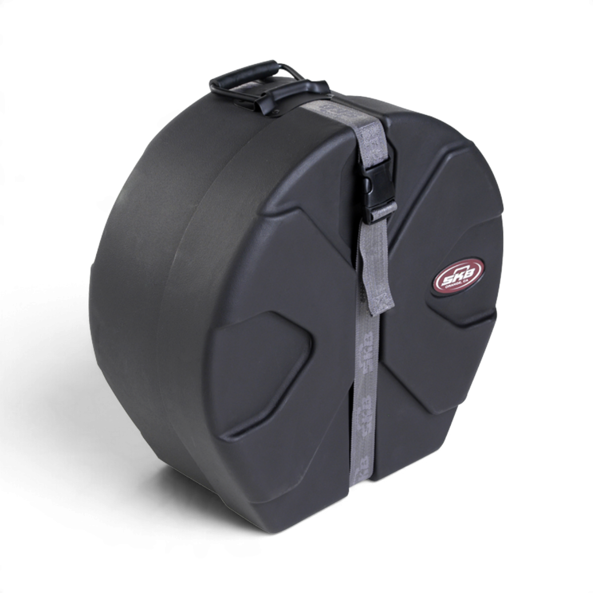 SKB Cases 5.5 x 14 snare drum case in black with Roto-X pattern, secure strap, and molded feet for stability.