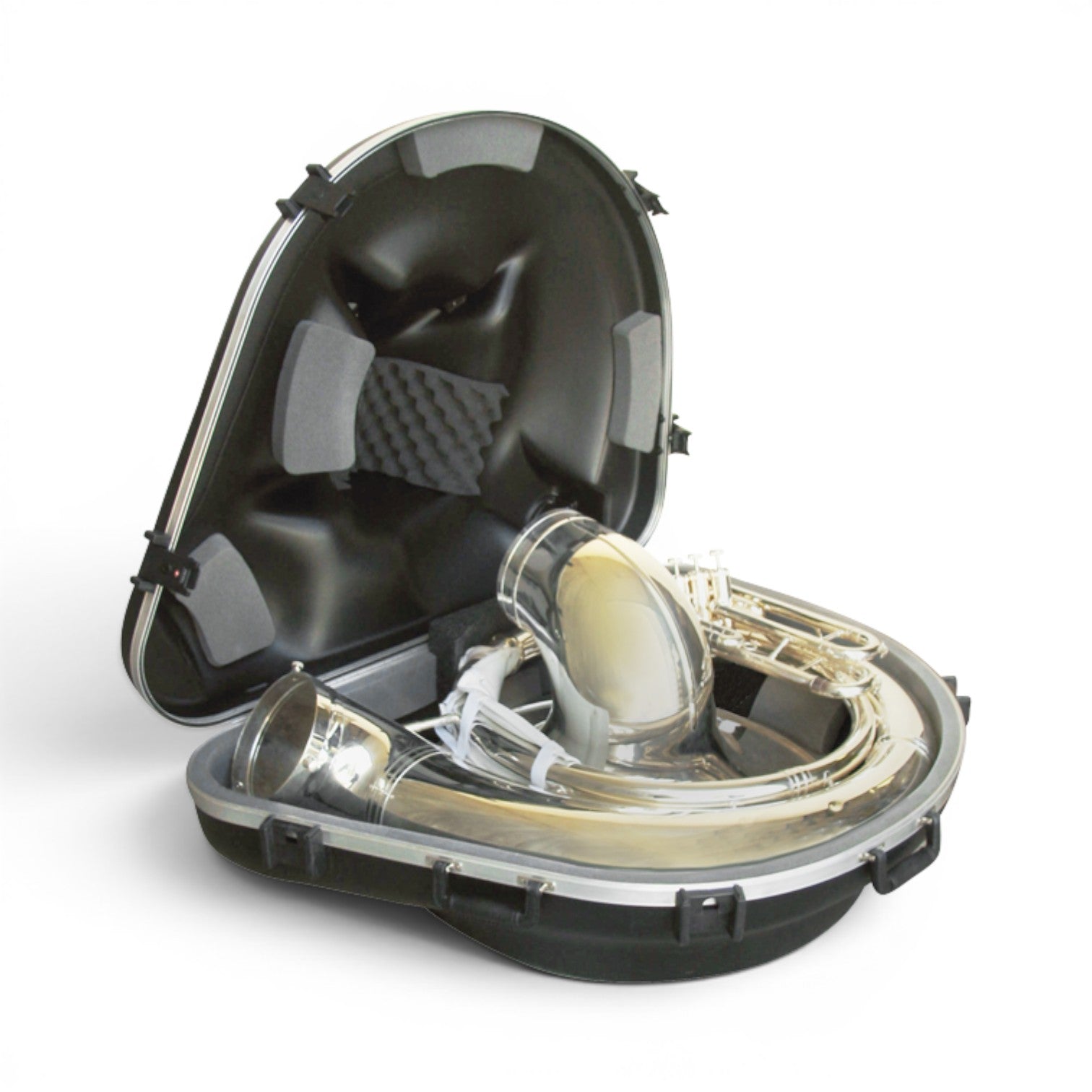 SKB Cases sousaphone hard case with wheels, featuring a durable black shell and interior storage for instrument parts.