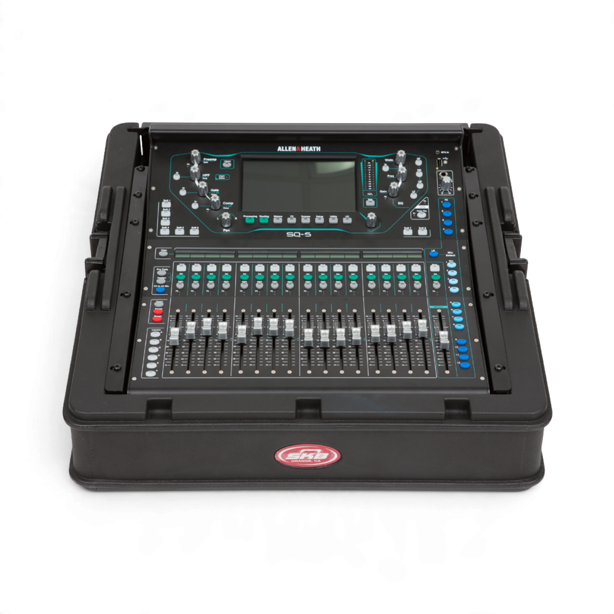 SKB Cases steel rack ears installed on an Allen & Heath SQ5 mixer inside a black GigRig case for secure mounting.