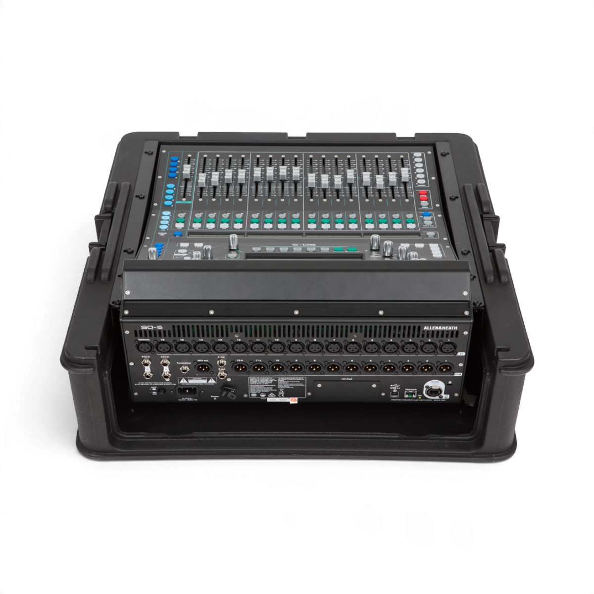 SKB Cases steel rack ears installed on an Allen & Heath SQ5 mixer inside a black SKB GigRig rack case