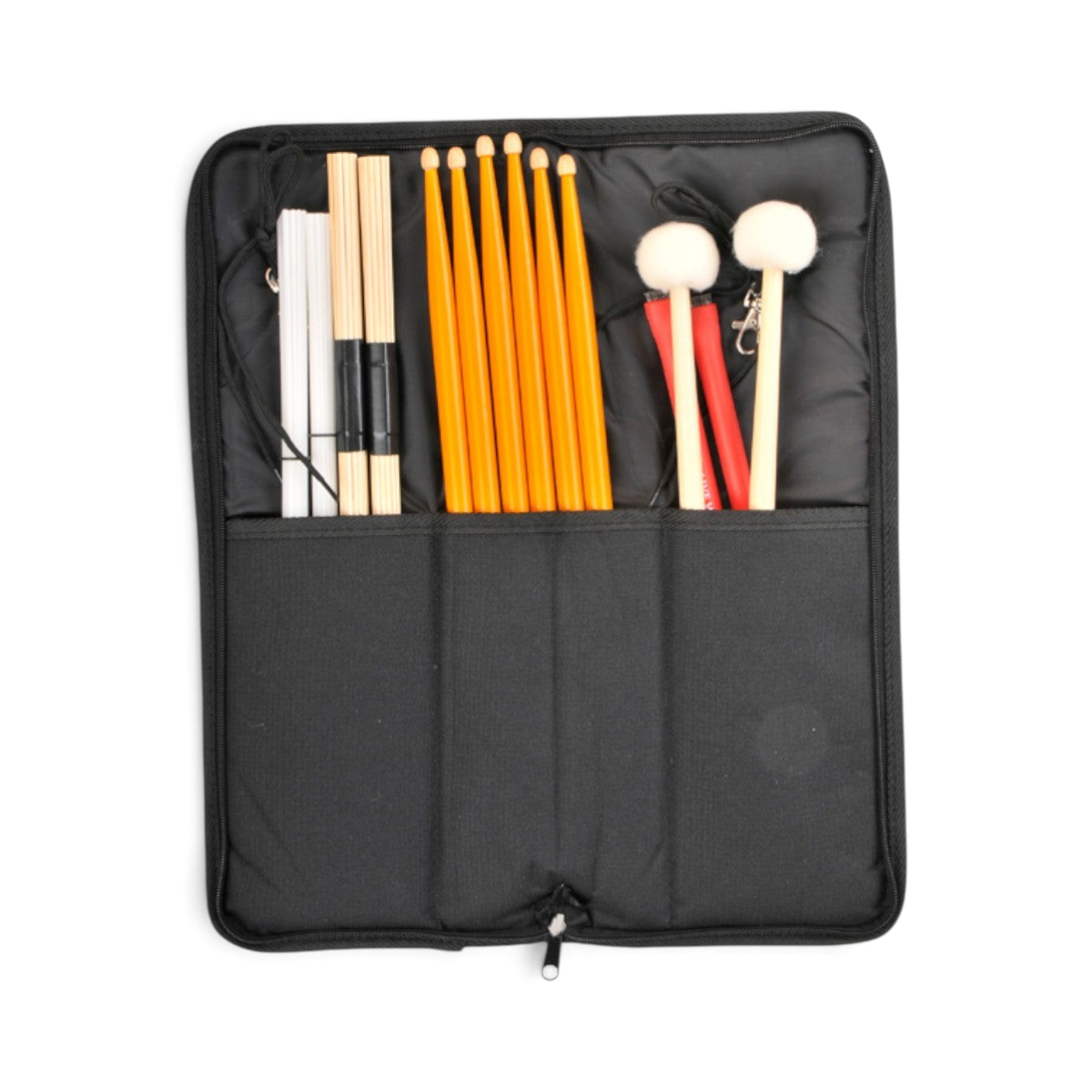 SKB Cases standard stick gig bag in black nylon with three interior pockets holding drumsticks and mallets
