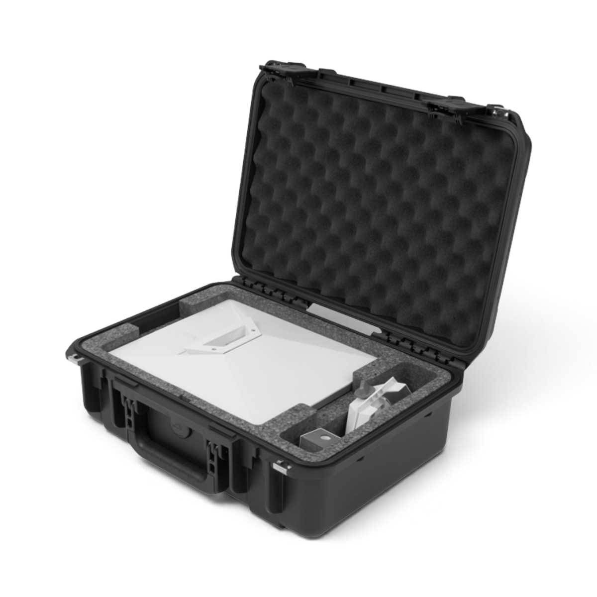 SKB Cases iSeries waterproof hard case with custom foam interior holding a Starlink Mini antenna and accessories.