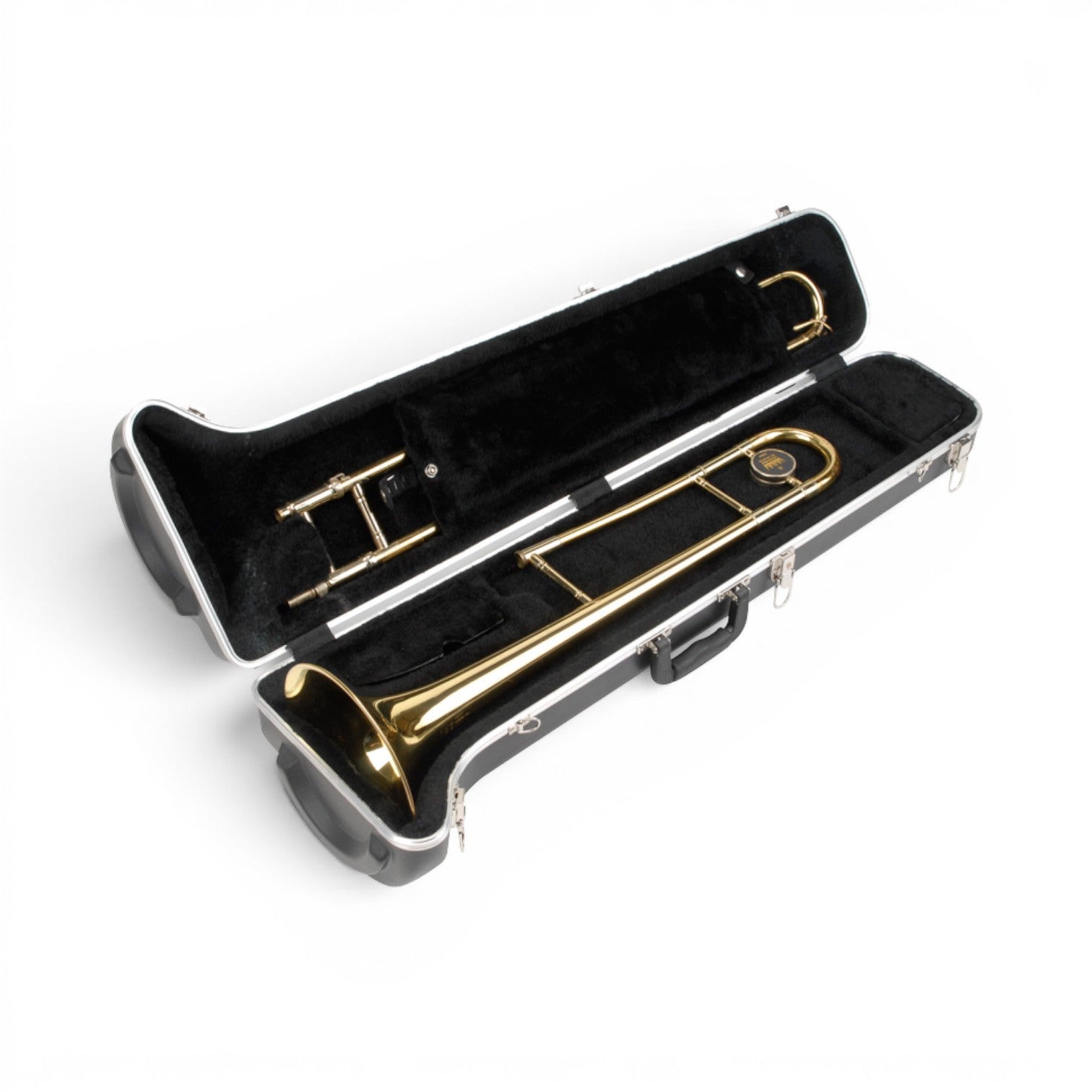 SKB Cases straight tenor trombone case with black interior lining and brass trombone stored inside
