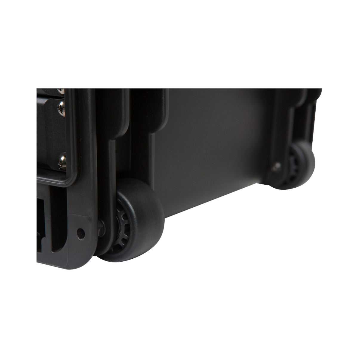 Close-up of the quiet-glide wheels on a black SKB Cases 2U Studio Flyer injection molded rack case.