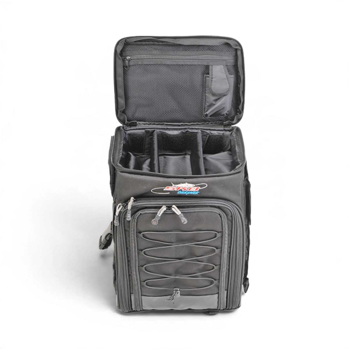 SKB Cases Tak-Pak backpack tackle system with open top compartment, interior dividers, and front bungee cord storage.