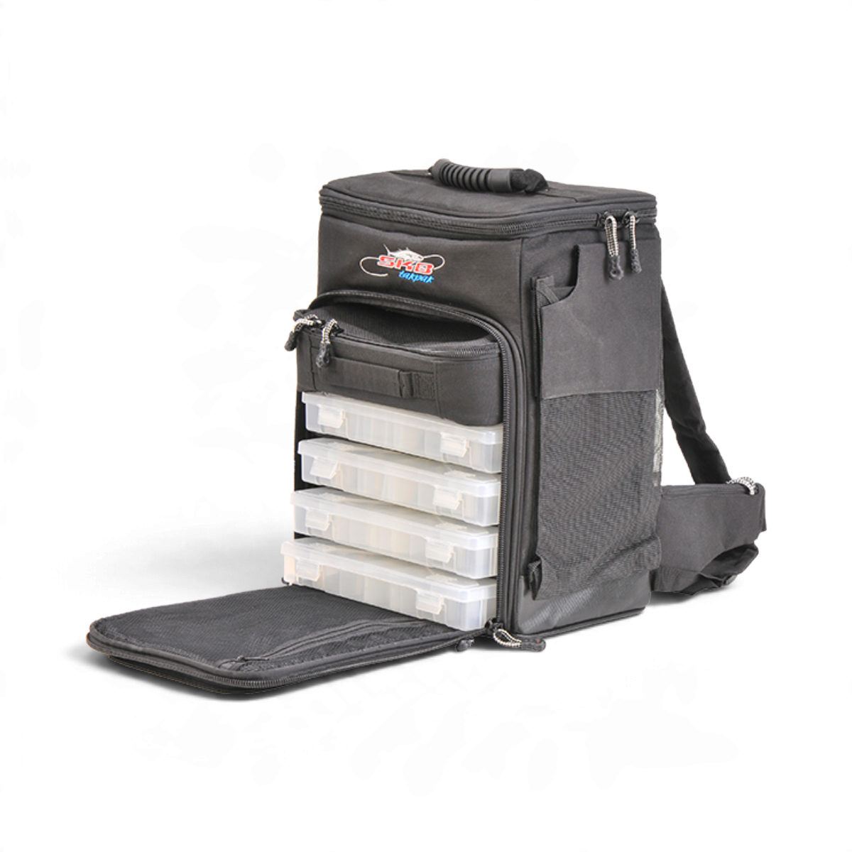 SKB Cases Tak-Pak black fishing backpack with four internal clear tackle drawers and multiple exterior storage pockets.