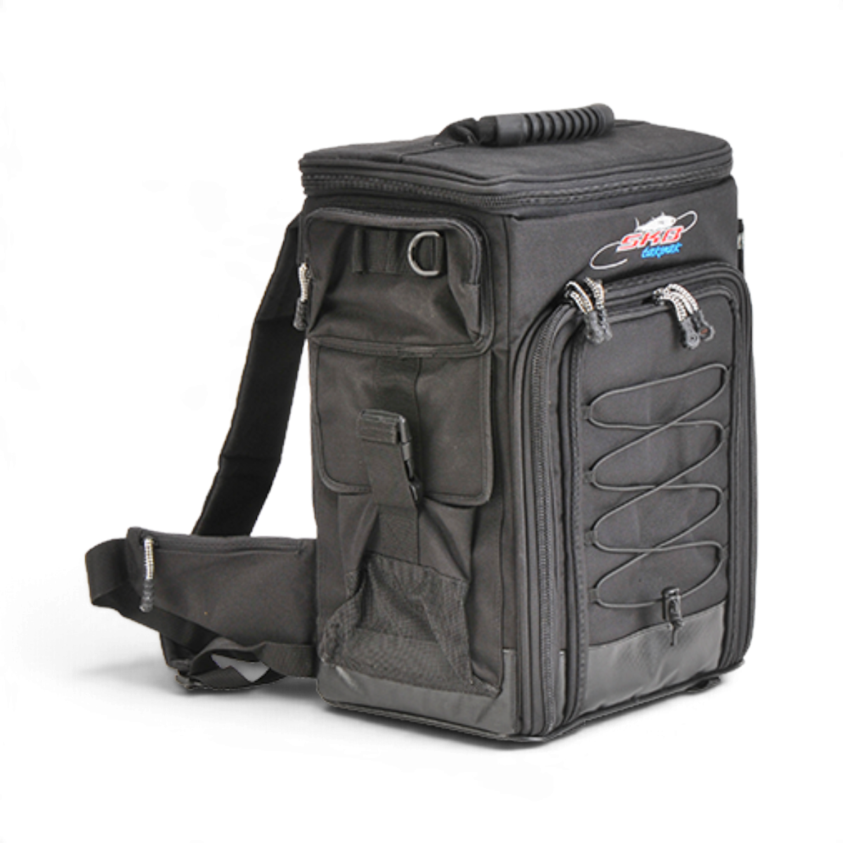 SKB Cases Tak-Pak black fishing backpack with multiple storage pockets, bungee cord front, and durable fabric.