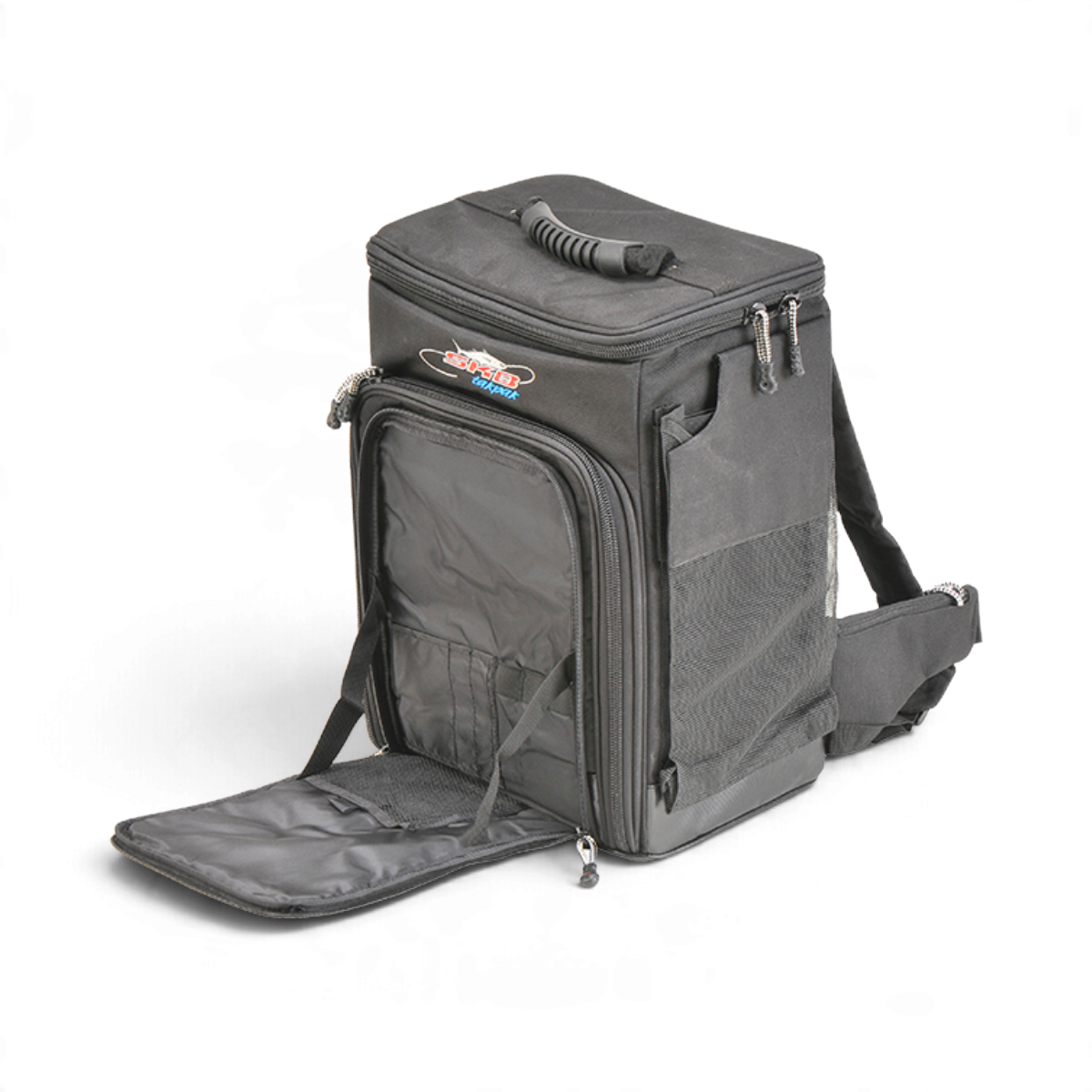 SKB Cases Tak-Pak black fishing tackle backpack with multiple storage compartments and durable water-resistant fabric.