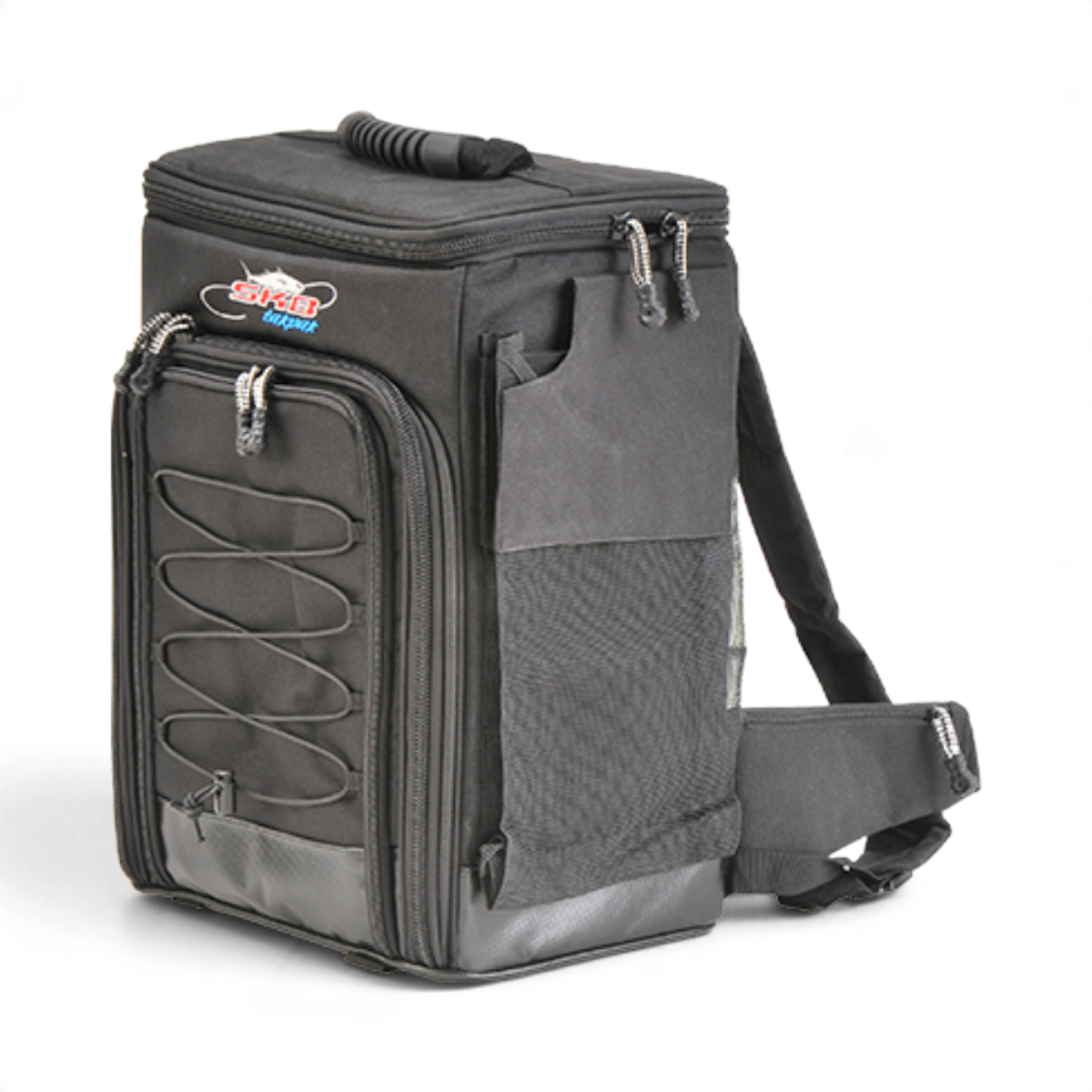 SKB Cases Tak-Pak black fishing tackle backpack with multiple exterior pockets, durable zippers, and adjustable straps.